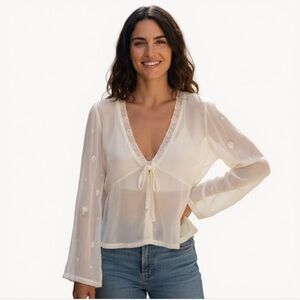 NWT David Albon Embroidered Sheer V-Neck Tie Long Sleeve Ivory Blouse XS Boho